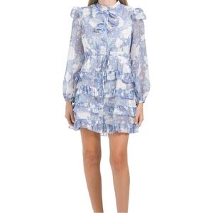 Dalia MacPhee Dainty Cottagecore Fit Flare Floral Ruffle Dress L Blue Moc Neck